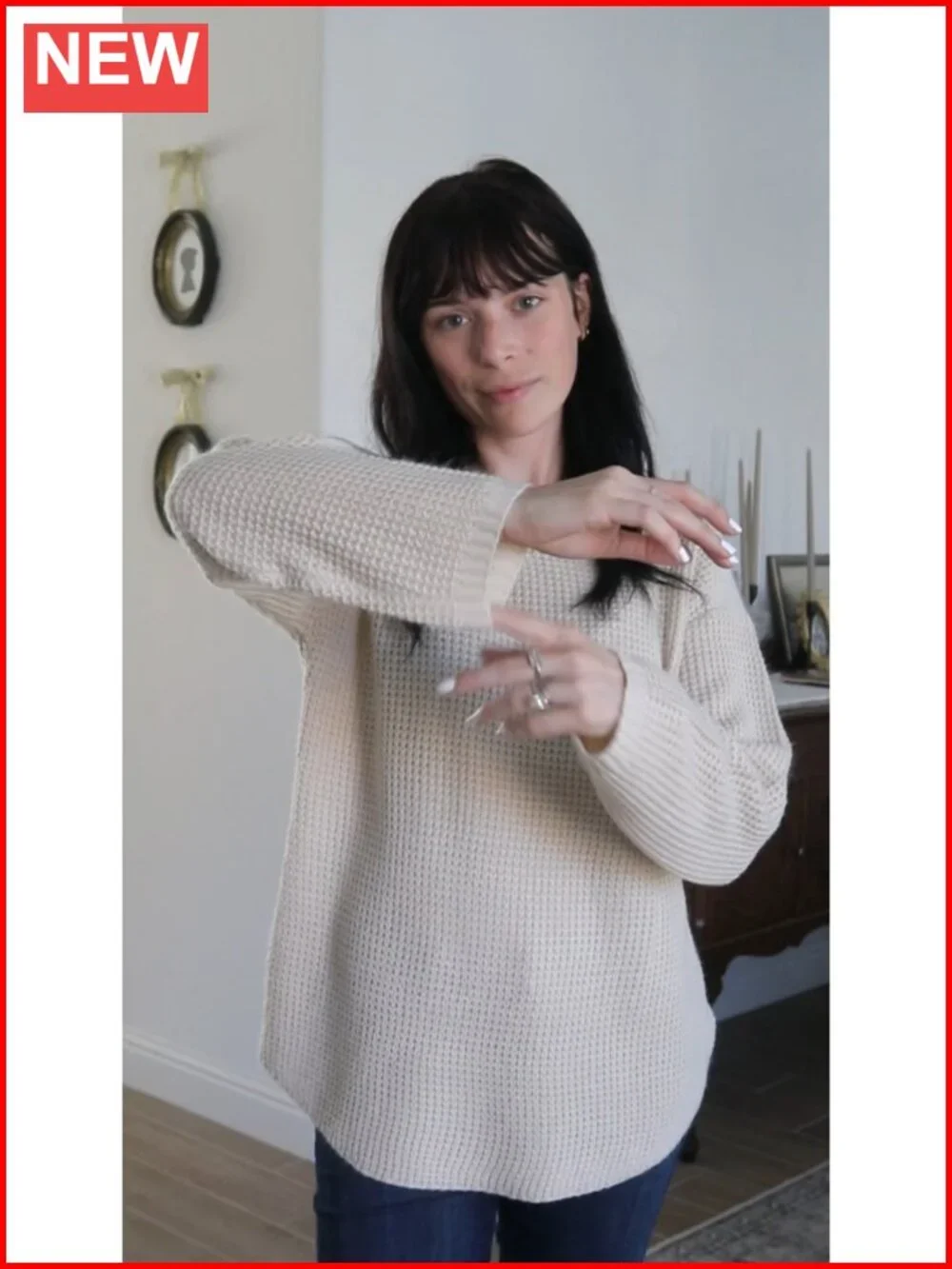 Waffle Knit Womens Sweater Long Sleeve Crew Neck Loose Pullover